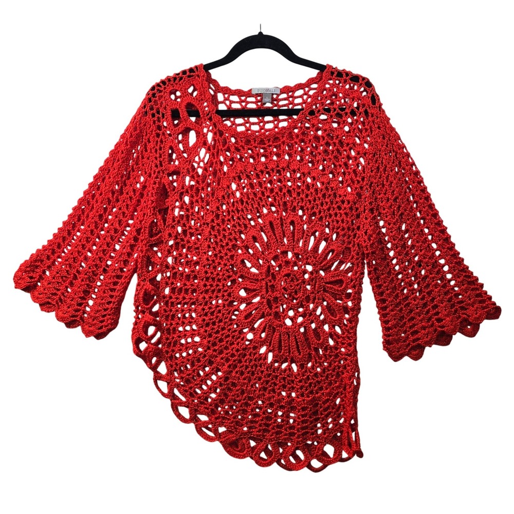 Roz & Ali Crochet Open Knit Asymmetrical Hem Top Large Beach Boho Festival